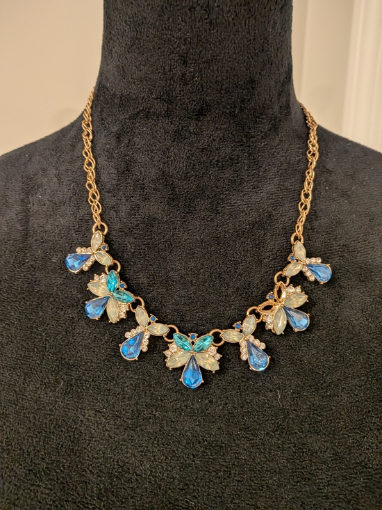 J. Crew Jewelry - B#2: J. Crew Gold-Tone Blue Crystal Floral Statement Necklace10" Vintage 2000s